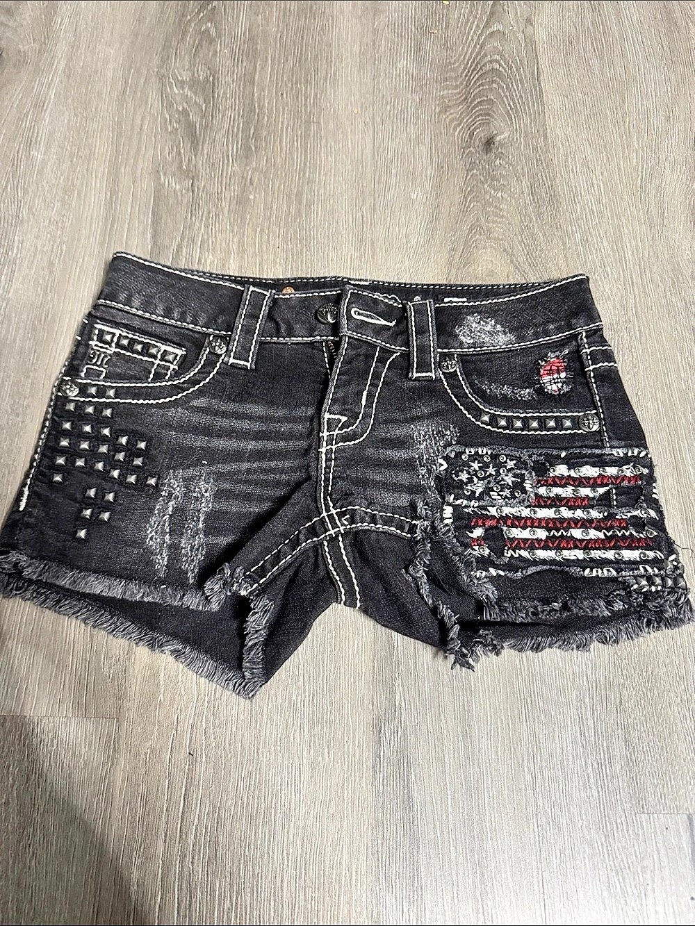 Miss Me Signature Black Flag Studded Denim Shorts Jean Shorts Black Waist 24